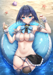 Rule 34 | 1girl, bikini, blue eyes, blue hair, from above, highres, hololive, hololive english, innertube, looking at viewer, lying, navel, on back, ouro kronii, short hair, solo, starfish, stomach, swim ring, swimsuit, thighs, umou (may65879), virtual youtuber, wet, white bikini