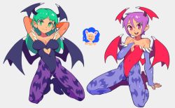 Rule 34 | 3girls, :3, animal ears, animal print, arm support, arms behind head, arms up, bare shoulders, bat print, bat wings, blue hair, breasts, bridal gauntlets, cat ears, cleavage, clothing cutout, covered erect nipples, covered navel, demon girl, elbow gloves, felicia (vampire), flat chest, full body, gloves, green eyes, hand on own chest, head wings, high heels, kneeling, leotard, lilith aensland, long hair, looking at viewer, morrigan aensland, multiple girls, pantyhose, pointing, pointing at self, print legwear, purple hair, red eyes, red leotard, short hair, slammo, smile, vampire (game), wings