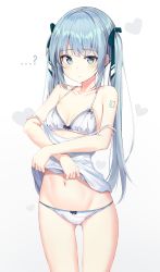 Rule 34 | ..., ...?, 1girl, ?, absurdres, apple ringo, bare arms, bare shoulders, black bow, black ribbon, blue eyes, blue hair, blush, bow, bow panties, bra, breasts, camisole, closed mouth, collarbone, commentary, cowboy shot, groin, hair ribbon, hatsune miku, heart, highres, lace, lace-trimmed bra, lace trim, long hair, looking at viewer, navel, no pants, number tattoo, panties, ribbon, shoulder tattoo, simple background, small breasts, solo, standing, stomach, strap slip, tattoo, thighs, twintails, underwear, undressing, very long hair, vocaloid, white background, white bra, white panties
