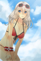 Rule 34 | 10s, 1girl, alisa ilinichina amiella, beach, bikini, blue eyes, blue sky, blush, breasts, cleavage, cloud, day, female focus, god eater, god eater burst, large breasts, long hair, looking at viewer, md5 mismatch, moonku, navel, outdoors, sky, solo, swimsuit