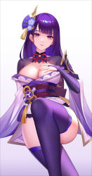 Rule 34 | 1girl, absurdres, armor, braid, breasts, bridal gauntlets, cleavage, closed mouth, commentary, english commentary, floral print, flower, genshin impact, hair ornament, hand on own chest, highres, japanese clothes, kimono, large breasts, long hair, long sleeves, looking at viewer, mole, mole under eye, nail polish, negi3, obi, obiage, obijime, purple eyes, purple flower, purple hair, purple nails, purple thighhighs, raiden shogun, ribbon, sash, shoulder armor, solo, tassel, thighhighs, tomoe (symbol), white background, wide sleeves