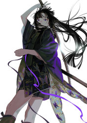 Rule 34 | 1boy, absurdres, animal print, arm up, between legs, black hair, black shorts, black socks, blunt bangs, blunt ends, butterfly print, feet out of frame, from below, from side, hair over mouth, highres, holding, holding sword, holding weapon, japanese clothes, katana, kazari tayu, kneehighs, light particles, long hair, long sleeves, looking at viewer, looking down, male focus, original, ponytail, purple eyes, purple ribbon, ribbon, scabbard, see-through, sheath, shorts, sidelocks, simple background, socks, solo, standing, straight hair, sword, unsheathed, very long hair, weapon, white background