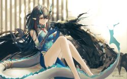 Rule 34 | 1girl, absurdres, arknights, black hair, blue hair, china dress, chinese clothes, dragon girl, dragon horns, dragon tail, dress, dusk (arknights), dusk (everything is a miracle) (arknights), earrings, highres, horns, jewelry, long hair, mihaia, multicolored hair, official alternate costume, pointy ears, shadow, sitting, sleeveless, sleeveless dress, solo, streaked hair, tail, tassel, tassel earrings, yellow eyes
