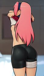 Rule 34 | 1girl, ass, backboob, bandaged leg, bandages, bike shorts, black shorts, blue hairband, blurry, blurry background, breasts, cameltoe, cleft of venus, clothes lift, cowboy shot, female focus, forehead protector, from behind, gluteal fold, hairband, haruno sakura, highres, lifted by self, long hair, loodncrood, naruto, naruto (series), no bra, pink hair, shirt lift, shorts, small breasts, solo, undressing