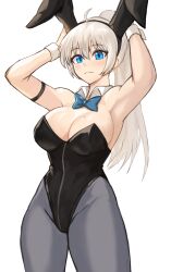 Rule 34 | 1girl, absurdres, ahoge, animal ears, armpits, arms behind head, arms up, black leotard, blonde hair, blue bow, blue bowtie, blue eyes, bow, bowtie, breasts, detached collar, grey pantyhose, highres, large breasts, leotard, original, pantyhose, playboy bunny, ponytail, rabbit ears, simple background, solo, sookmo, standing, strapless, strapless leotard, white background, wrist cuffs