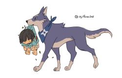 Rule 34 | . ., asaya minoru, barefoot, black hair, blue shirt, canyne, child, fang, from side, grey shorts, leaf, leaf on head, monster hunter (series), monster hunter rise, mouth hold, open mouth, profile, shirt, shorts, simple background, twitter username, white background, wolf