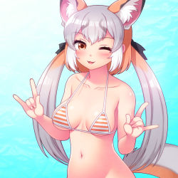 Rule 34 | 1girl, animal ear fluff, animal ears, bad id, bad pixiv id, blush, breasts, collarbone, double fox shadow puppet, extra ears, fox ears, fox girl, fox shadow puppet, fox tail, grey hair, groin, island fox (kemono friends), kemono friends, kemono friends v project, medium breasts, navel, one eye closed, open mouth, outdoors, solo, swimsuit, tail, totokichi, twintails, virtual youtuber