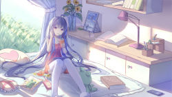 Rule 34 | 1girl, absurdres, ahoge, bare shoulders, bed, book, collarbone, drawer, dress, drink, drinking, figure, flower, food, graphite (medium), heart, highres, lamp, long hair, looking at viewer, mirror, pale skin, pen, pillow, pocky, purple hair, room, shelf, sitting, sketch, sleeveless, solo, stuffed animal, stuffed frog, stuffed toy, sweets, thighhighs, traditional media, very long hair, vocaloid, window, xingchen, yue yue