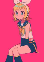 Rule 34 | 1girl, bad id, bad twitter id, bare arms, belt, between legs, black sailor collar, black shorts, black sleeves, blonde hair, blue eyes, blush stickers, bow, bow hairband, closed mouth, collarbone, crop top, detached sleeves, expressionless, feet out of frame, flat chest, hair ornament, hairband, hairclip, hand between legs, headset, highres, kagamine rin, knees together feet apart, leg warmers, looking afar, loose belt, menma (enaic31), midriff, neckerchief, pink background, polka dot, sailor collar, short hair, shorts, simple background, solo, swept bangs, tareme, twitter username, vocaloid, white bow, yellow belt, yellow neckerchief