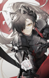 Rule 34 | 1girl, absurdres, ahoge, akechi (826988799), alternate costume, animal ear fluff, animal ears, arknights, armor, artist name, black armor, black gloves, bleeding, bleeding from forehead, blood, blood on clothes, blood on face, braid, breasts, brown hair, cape, chinese commentary, closed mouth, commentary request, cowboy shot, crossed bangs, crown, cuirass, diadem, dutch angle, ear piercing, extra ears, eyelashes, falling petals, fighting stance, floating hair, flower, foreshortening, from above, gauntlets, gloves, hair between eyes, hair over one eye, hands up, high ponytail, highres, holding, holding sword, holding weapon, injury, lips, long bangs, long hair, long sleeves, looking at viewer, looking up, medium breasts, metal, metal gloves, mole, mole above eye, one eye covered, outstretched arm, pauldrons, penance (arknights), petals, piercing, ponytail, red cape, rose, rose petals, sepia background, serious, shadow, shiny clothes, shoulder armor, simple background, single braid, solo, spread fingers, straight hair, swept bangs, sword, v-shaped eyebrows, very long hair, watermark, weapon, weibo logo, weibo watermark, white flower, white rose, wolf ears, wolf girl, yellow eyes