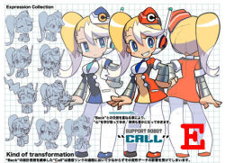 Rule 34 | 1girl, alternate color, blonde hair, blue eyes, blush stickers, call (mighty no. 9), call e, colorized, concept art, expressions, garrison cap, grin, hand on own hip, hat, headset, ishikawa hideki, mighty no. 9, multicolored hair, official art, pantyhose, robot, side ponytail, smile, two-tone hair, uniform, white hair, white pantyhose