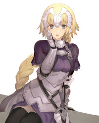 Rule 34 | 1girl, armor, armored dress, blonde hair, blue eyes, braid, capelet, fate/apocrypha, fate/grand order, fate (series), gauntlets, hand on own face, headpiece, jeanne d&#039;arc (fate), jeanne d&#039;arc (ruler) (fate), km yama, long hair, open mouth, single braid, solo