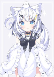 Rule 34 | 1girl, animal, animal ear fluff, animal ears, animal on head, bell, bird, bird on head, black bow, black sailor collar, blue eyes, bow, closed mouth, commission, daidai ookami, detached sleeves, dress, frilled sailor collar, frills, grey background, highres, jingle bell, long sleeves, looking at viewer, neck bell, on head, original, puffy long sleeves, puffy sleeves, sailor collar, sailor dress, skeb commission, sleeveless, sleeveless dress, smile, solo, sparkle, tail, white dress, white hair, white sleeves