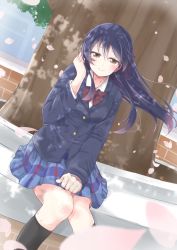 Rule 34 | 10s, 1girl, arm up, blazer, blue hair, blush, bow, bowtie, chiro (bocchiropafe), closed mouth, commentary request, day, floating hair, hair between eyes, hand in own hair, highres, jacket, long hair, long sleeves, love live!, love live! school idol project, otonokizaka school uniform, outdoors, petals, plaid, plaid skirt, pleated skirt, red bow, red bowtie, school uniform, sitting, skirt, smile, solo, sonoda umi, striped bow, striped bowtie, striped clothes, striped neckwear, wind, wind lift, yellow eyes