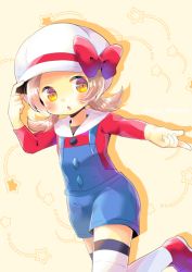 Rule 34 | 1girl, beige background, bow, brown eyes, brown hair, cabbie hat, collared shirt, colored shadow, commentary request, creatures (company), drop shadow, game freak, hand on headwear, hand up, hat, hat bow, kou hiyoyo, long hair, long sleeves, low twintails, lyra (pokemon), nintendo, outstretched arm, overall shorts, overalls, parted lips, pokemon, pokemon masters ex, red bow, red footwear, red shirt, shadow, shirt, shoes, solo, standing, standing on one leg, star (symbol), thighhighs, twintails, white hat, white thighhighs