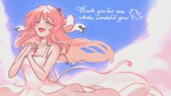 Rule 34 | 1girl, ^ ^, atelier live, blush, breasts, choker, closed eyes, cloud, collarbone, commentary, dragon girl, dragon horns, dress, english commentary, english text, closed eyes, fang, floating hair, fubkzm, highres, horns, kuzuryu io, long hair, open mouth, own hands together, skin fang, sky, small breasts, smile, solo, thank you, virtual youtuber, white choker, white dress