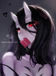 Rule 34 | 10s, 1girl, abyssal ship, battleship princess, black hair, breasts, condom, condom in mouth, condom wrapper, glowing, glowing eyes, heart, highres, horns, kantai collection, long hair, looking at viewer, mouth hold, pale skin, red eyes, skin-covered horns, solo, strap slip, undeedking