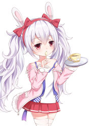Rule 34 | 1girl, absurdres, animal ears, artist name, azur lane, bare shoulders, blush, bow, camisole, collarbone, cowboy shot, cup, fur-trimmed jacket, fur-trimmed sleeves, fur trim, hair between eyes, hair bow, hairband, highres, holding, holding plate, holding spoon, jacket, laffey (azur lane), long hair, long sleeves, miaorh, off shoulder, open clothes, open jacket, parted lips, pink jacket, plate, pleated skirt, rabbit ears, red bow, red eyes, red hairband, red skirt, sidelocks, silver hair, simple background, skirt, solo, spoon, strap slip, teacup, thighhighs, twintails, very long hair, white background, white camisole, white thighhighs
