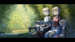 Rule 34 | 2girls, bench, blonde hair, blue eyes, blush, book, bracelet, breasts, cigarette, dappled sunlight, erica (naze1940), falling leaves, flower, glasses, highres, jewelry, leaf, letterboxed, md5 mismatch, multiple girls, nature, old fashion, original, outdoors, short hair, siblings, sisters, skirt, small breasts, smile, smoke, smoking, sunlight, tree, twins, world war ii