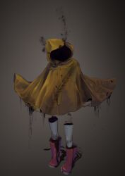 Rule 34 | 1girl, absurdres, blood, boots, buttons, full body, ghost, grey background, highres, hood, hood up, horror (theme), invisible, original, purple footwear, raincoat, rubber boots, skid mark, smoke, solo, standing, syourinusk, thighhighs, white thighhighs, yellow raincoat