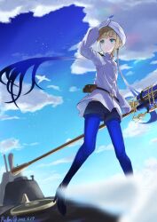 Rule 34 | 1boy, absurdres, artist name, belt, belt pouch, blonde hair, blue hair, blue pantyhose, captain nemo (fate), cloud, cloudy sky, fate/grand order, fate (series), gradient hair, green eyes, hand on headwear, hat, hat feather, highres, holding, holding staff, jacket, kamome umitsuki, long hair, long sleeves, male focus, military uniform, multicolored hair, naval uniform, nemo (fate), pantyhose, pouch, shorts, sky, smile, solo, staff, submarine, turban, twintails, uniform, very long hair, watercraft