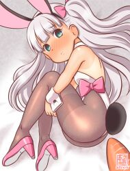 Rule 34 | 1girl, alternate costume, animal ears, ass, bare shoulders, blush, bow, bowtie, brown pantyhose, carrot, covered navel, dated, detached collar, fake animal ears, green eyes, grey hair, high heels, kanon (kurogane knights), kantai collection, leotard, long hair, lying, maestrale (kancolle), one-hour drawing challenge, pantyhose, playboy bunny, rabbit ears, rabbit tail, sexually suggestive, strapless, strapless leotard, tail, tan, tanline, white leotard, wrist cuffs