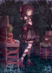 Rule 34 | 23el, :o, absurdres, black dress, bound, bow, brown hair, child, choker, commission, doll, dress, fallenshadow, flat chest, forest, frilled dress, frills, grass, hair bow, hand on own chest, hand on own face, highres, indie virtual youtuber, leg ribbon, looking to the side, miniskirt, nature, night, night sky, off shoulder, pink bow, pink eyes, platform footwear, pleated dress, ribbon, short hair, short sleeves, sidelocks, single wrist cuff, skeb commission, skirt, sky, solo, standing, tied to chair, tied up (nonsexual), tree, virtual youtuber, wrist cuffs