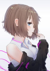 Rule 34 | 1girl, ano54, artist name, bare shoulders, black jacket, blue eyes, blush, bob cut, breasts, brown hair, collared shirt, commentary request, double vertical stripe, ear blush, from side, gradient background, grey background, hand up, highres, holding, jacket, long sleeves, looking away, medium breasts, nose blush, off shoulder, open clothes, open jacket, original, profile, shirt, short hair, solo, string, upper body, white shirt, wing collar