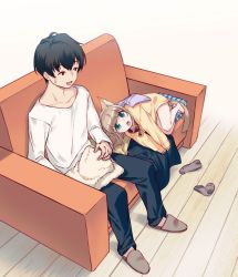 Rule 34 | 1boy, 1girl, 40hara, animal collar, animal ear fluff, animal ears, barefoot, black hair, blonde hair, cat ears, cat tail, clothes, collar, couch, folded clothes, folding clothes, green eyes, kinako (40hara), looking at another, lying, on side, open mouth, original, red collar, short hair, sitting, slippers, unworn socks, sweatdrop, tail, wooden floor