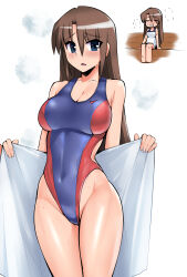 1girl absurdres aegis_(theoryiv) blue_eyes breasts brown_hair chibi cleavage collarbone commission competition_swimsuit covered_navel fitness_(manga) groin hair_between_eyes highleg highres kannagi_natsuki large_breasts long_hair one-piece_swimsuit parted_lips pixiv_commission sauna simple_background standing swimsuit thighs white_background