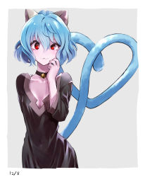 Rule 34 | 1girl, :3, animal ears, bell, black collar, black dress, blue hair, blush, border, breasts, cat ears, cat girl, cat tail, cleavage, collar, dress, grey background, hair between eyes, heart, heart tail, highres, hunter x hunter, jingle bell, long sleeves, looking at viewer, medium hair, neferpitou, red eyes, small breasts, solo, standing, straight hair, tail, white border, yagisawa teru