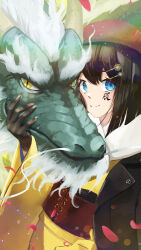 Rule 34 | 1girl, absurdres, black gloves, blue eyes, blunt ends, bomber jacket, double-parted bangs, dragon, dragon horns, eastern dragon, falling petals, gloves, grabbing another&#039;s chin, green scales, hair ornament, hairpin, hand on another&#039;s chin, highres, horns, jacket, japanese clothes, kimono, leather belt, light particles, long sleeves, looking at viewer, medium hair, multiple hairpins, new year, original, petals, portrait, slit pupils, smile, white hair, wide sleeves, yellow eyes, yellow kimono, yurakusai