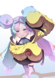 Rule 34 | absurdres, bow-shaped hair, character hair ornament, creatures (company), game freak, grey pantyhose, hair ornament, hexagon print, highres, hitakami, iono (pokemon), jacket, long hair, low-tied long hair, multicolored hair, nintendo, oversized clothes, pantyhose, pink eyes, pink hair, pokemon, pokemon sv, sharp teeth, shirt, single leg pantyhose, sleeveless, sleeveless shirt, sleeves past fingers, sleeves past wrists, teeth, twintails, two-tone hair, very long hair, very long sleeves, x, yellow jacket