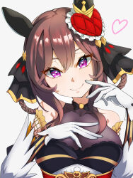 Rule 34 | 1girl, absurdres, black bow, black dress, bow, braided hair rings, breasts, cleavage, closed mouth, commentary request, dress, ear covers, ear ornament, elbow gloves, gentildonna (umamusume), gloves, hair between eyes, hair ornament, heart, heart-shaped pupils, highres, iii-ove-iii, large breasts, looking at viewer, medium hair, multicolored clothes, multicolored dress, purple eyes, simple background, sleeveless, sleeveless dress, smile, solo, symbol-shaped pupils, umamusume, upper body, white background, white gloves