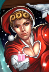 Rule 34 | 1boy, blonde hair, gift, giorno giovanna, gloves, hat, jojo no kimyou na bouken, looking at viewer, male focus, outstretched hand, s a k u, santa costume, santa hat, solo, vento aureo, yellow eyes