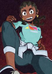 Rule 34 | 1girl, :d, aqua shirt, black eyes, black hair, blue footwear, blue pants, breasts, chawalit adsawawalanon, clenched hand, clothes around waist, creatures (company), dark-skinned female, dark skin, dreadlocks, earrings, eyelashes, fangs, fingernails, game freak, gradient background, hand on own hip, highres, jewelry, long hair, looking at viewer, medium breasts, nintendo, open mouth, outline, pants, pokemon, pokemon sm, shirt, shirt around waist, shoes, short sleeves, smile, sneakers, solo, teeth, trial guide (pokemon)