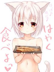 Rule 34 | 1girl, animal ears, blush, breasts, cat ears, cat girl, cat tail, closed mouth, collarbone, convenient censoring, eighth note, fish, food, hands up, holding, musical note, navel, nude, original, short hair, silver hair, simple background, small breasts, smile, solo, tail, translation request, upper body, white background, yuku (kiollion)