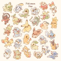 brown_eyes bulbasaur charmander chespin chikorita chimchar closed_eyes closed_mouth creatures_(company) cyndaquil eevee fang fennekin fire froakie fuecoco game_freak gen_1_pokemon gen_2_pokemon gen_3_pokemon gen_4_pokemon gen_5_pokemon gen_6_pokemon gen_7_pokemon gen_8_pokemon grookey highres leaf litten mofucoffee mudkip nintendo no_humans one_eye_closed open_mouth oshawott pikachu piplup pokemon pokemon_(creature) popplio quaxly rowlet scorbunny sitting smile snivy sobble sprigatito squirtle standing tepig torchic totodile treecko turtwig white_background wings