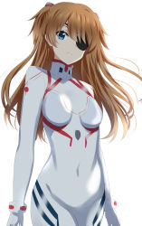 Rule 34 | 1girl, blue eyes, bodysuit, breasts, breasts apart, brown hair, closed mouth, covered navel, cowboy shot, dars (recolors), evangelion: 3.0+1.0 thrice upon a time, eyepatch, floating hair, frown, headgear, highres, long hair, looking at viewer, medium breasts, neon genesis evangelion, plugsuit, rebuild of evangelion, solo, souryuu asuka langley, standing, white bodysuit