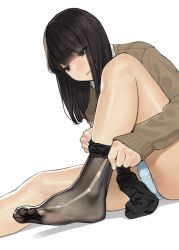 Rule 34 | 1girl, ass, black eyes, black hair, black pantyhose, blue panties, clothes pull, feet, highres, long hair, no shoes, open mouth, original, panties, pantyhose, school uniform, simple background, sitting, solo, toes, torn clothes, torn pantyhose, underwear, white background, yomu (sgt epper)