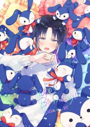Rule 34 | 1boy, aged down, bed, bishounen, black hair, blue hair, blush, child, confetti, gradient hair, grey eyes, happy, heart, idolish7, izumi iori, looking at viewer, lying, male focus, multicolored hair, open mouth, pillow, short hair, solo, stuffed toy, sweatdrop, sweater, tayako, v-shaped eyebrows