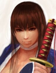 Rule 34 | 1girl, brown eyes, brown hair, dead or alive, dead or alive 5, highres, kasumi (doa), kyel hyde, lips, long hair, looking at viewer, sword, weapon, white background