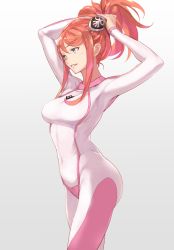 Rule 34 | 1girl, adjusting hair, aida rayhunton, alternate hairstyle, aqua eyes, armpits, arms up, blush, bodysuit, breasts, covered navel, cowboy shot, from side, gradient background, grey background, grin, guchico, gundam, gundam g no reconguista, hair ornament, hair up, hairpods, high ponytail, large breasts, long hair, looking to the side, orange hair, pilot suit, ponytail, sidelocks, skull print, smile, solo, spacesuit, tying hair, white bodysuit