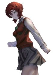 Rule 34 | 1girl, breasts, collared shirt, commentary request, cowboy shot, dutch angle, grey skirt, hair between eyes, hatori chise, highres, jewelry, long sleeves, looking at viewer, mahou tsukai no yome, medium breasts, necklace, parted lips, pleated skirt, red eyes, red hair, red vest, shimashima (simasima 23), shirt, short hair, simple background, skirt, solo, standing, vest, white background, white shirt, wing collar