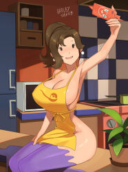 Rule 34 | 1girl, apron, barleyshake, blush, breasts, commentary, creatures (company), ditto, earrings, feet out of frame, game freak, gen 1 pokemon, gen 4 pokemon, highres, holding, holding phone, indoors, jewelry, large breasts, leaf, mob face, mother (pokemon), naked apron, nintendo, paldea mother, phone, plant, pokemon, pokemon sv, potted plant, purple thighhighs, rotom, rotom phone, selfie, shadow, shelf, signature, solo, thighhighs, tile wall, tiles, transformed ditto, yellow apron