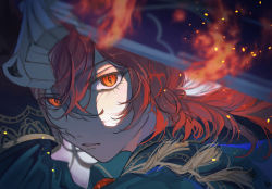 Rule 34 | 1boy, black coat, coat, commentary, diluc (genshin impact), fire, genshin impact, hair between eyes, highres, holding, holding sword, holding weapon, kitsunekotori, long hair, long sleeves, looking at viewer, male focus, parted lips, ponytail, portrait, red eyes, red hair, simple background, solo, sword, symbol-only commentary, weapon