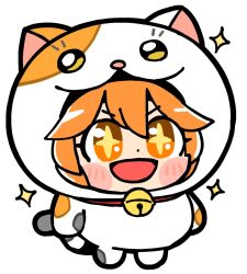 1girl :3 :d animal_costume animal_ears bell bkub blush_stickers cat_costume chibi chibi_only dot_nose full_body hair_between_eyes horse_girl jingle_bell matikanefukukitaru_(umamusume) neck_bell open_mouth orange_eyes orange_hair short_hair simple_background smile solo sparkle star-shaped_pupils star_(symbol) symbol-shaped_pupils umamusume v-shaped_eyebrows white_background yellow_eyes