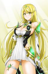 Rule 34 | 1girl, 2019, armor, artist name, blonde hair, blush, breasts, cleavage, dated, dress, earrings, elbow gloves, gem, gloves, hair ornament, headpiece, highres, hisin, jewelry, large breasts, long hair, looking at viewer, matching hair/eyes, mythra (xenoblade), nintendo, panties, shoulder armor, signature, simple background, smile, solo, swept bangs, thigh strap, tiara, underwear, very long hair, white background, white dress, xenoblade chronicles (series), xenoblade chronicles 2, yellow eyes