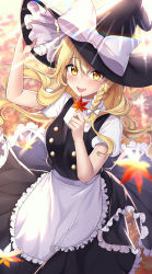 Rule 34 | 1girl, :d, apron, autumn leaves, black dress, blonde hair, bow, braid, buttons, dress, frilled dress, frills, from above, hair bow, hand on headwear, hat, hat bow, highres, holding, holding leaf, jyu-so, kirisame marisa, leaf, long hair, looking at viewer, open mouth, puffy short sleeves, puffy sleeves, short sleeves, smile, solo, sunlight, touhou, waist apron, white bow, witch hat, yellow eyes