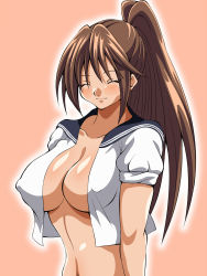 Rule 34 | 00s, 1girl, blush, breasts, brown background, brown hair, cleavage, covered erect nipples, closed eyes, highres, ichigo 100 percent, inabakun00, kitaooji satsuki, large breasts, long hair, navel, no bra, one eye closed, open clothes, open shirt, ponytail, shirt, simple background, smile, solo, upper body